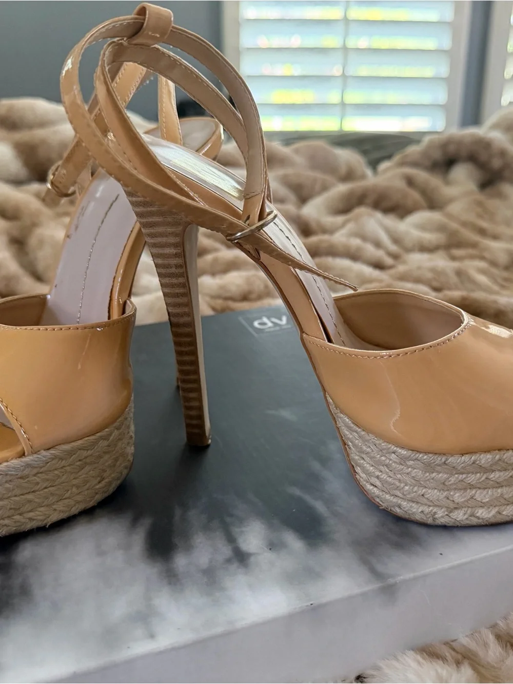 Dolce Vita Patent Tan Platform Sandals with Ankle Strap